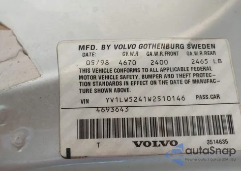 1998 Volvo V70 R из США, поврежденный, VIN YV1LW5241W2510146